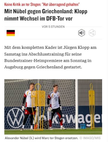 kicker, 16:52 uur: Klopp bevestigt Nübel als keeper tegen Griekenland.